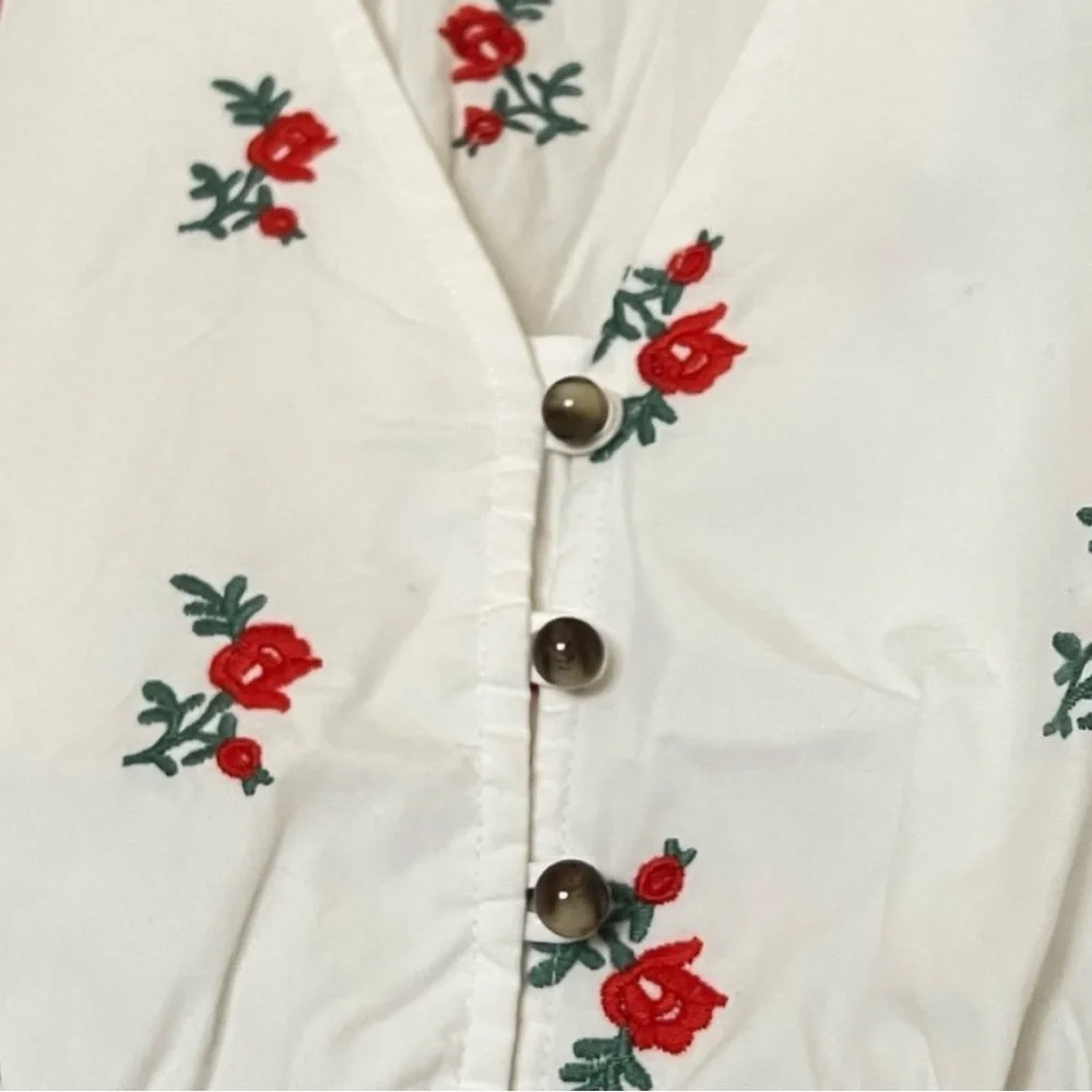 Anthropologie White Floral Tie-Waist Blouse with Red Roses